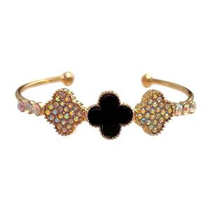Elegant Triple Clovers Aurora Borealis Stone Gold and Black Open Cuff Bracelet
